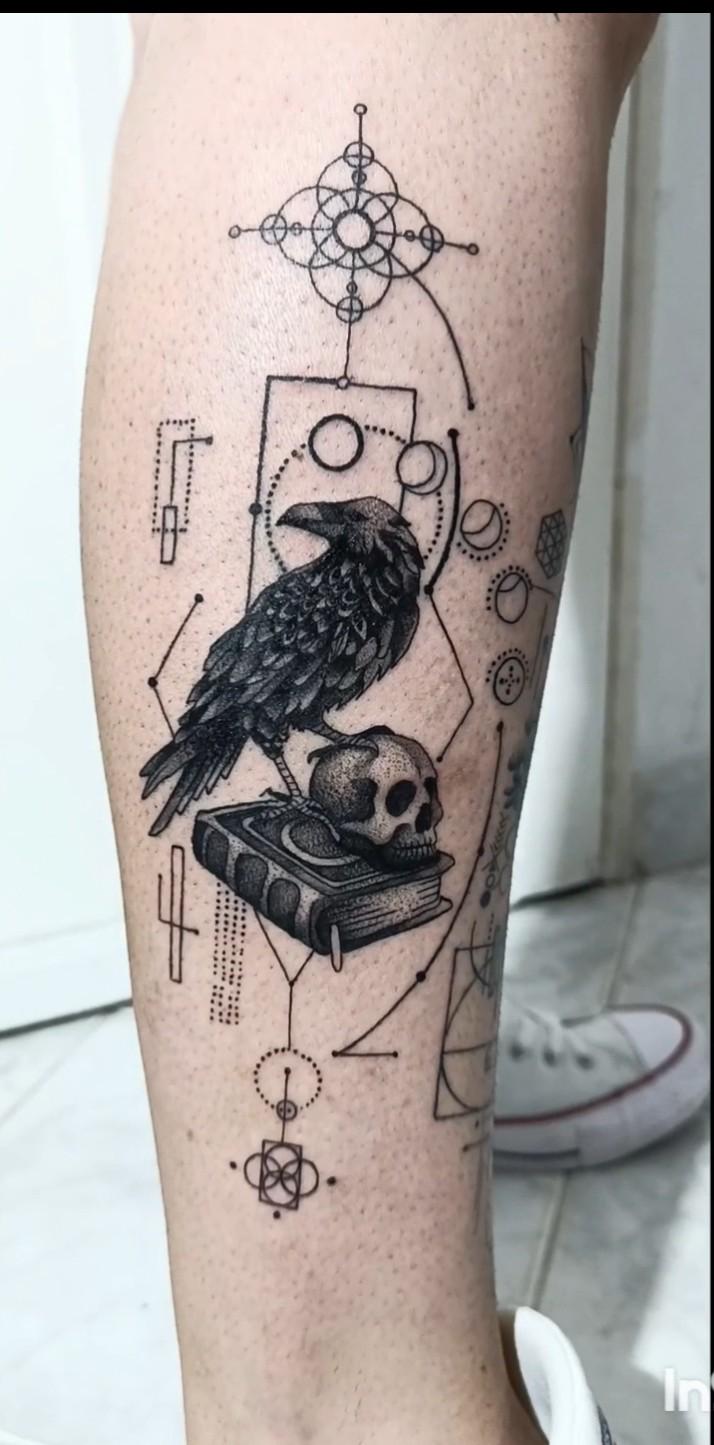 Geometric dotwork crow tattoo